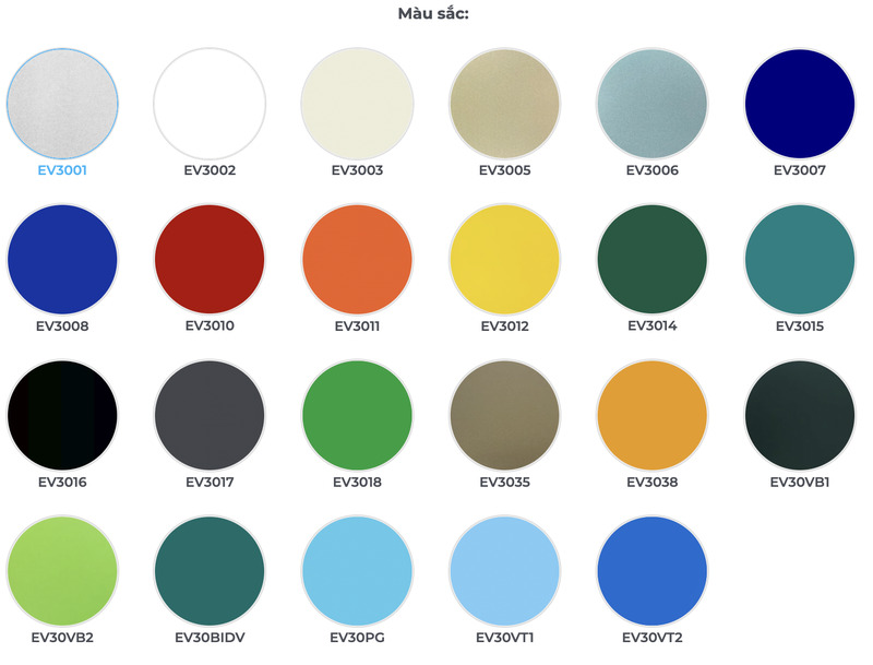 Bảng màu tấm nhôm nhựa Alcorest ngoài trời chủ yếu là các màu đơn sắc và ánh nhũ.