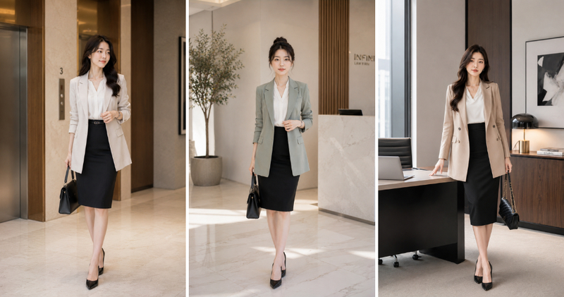 Áo vest dáng dài phối chân váy bút chì quyền lực, chuyên nghiệp.