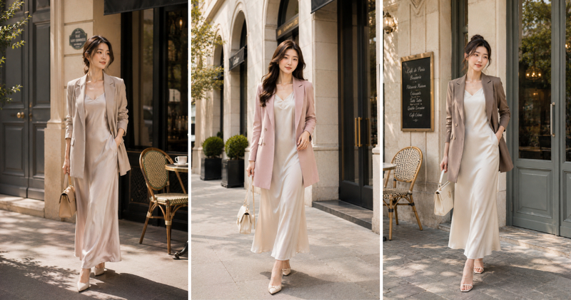 Áo vest dáng dài phối đầm lụa, đầm suông dài nhẹ nhàng, bay bổng.