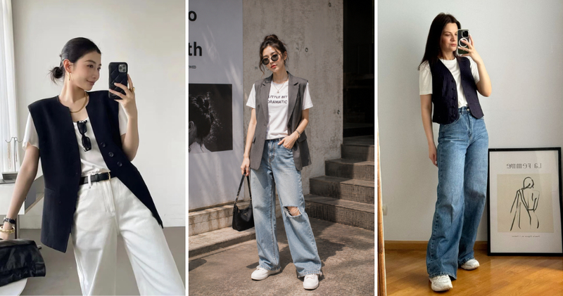 Áo vest gile nữ kết hợp áo thun và quần jeans năng động, bụi bặm.