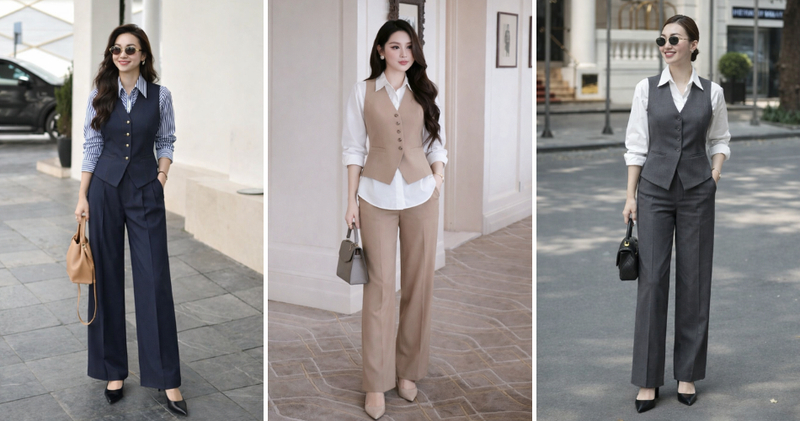 Áo vest gile nữ phối với áo sơ mi và quần tây chuyên nghiệp thanh lịch.