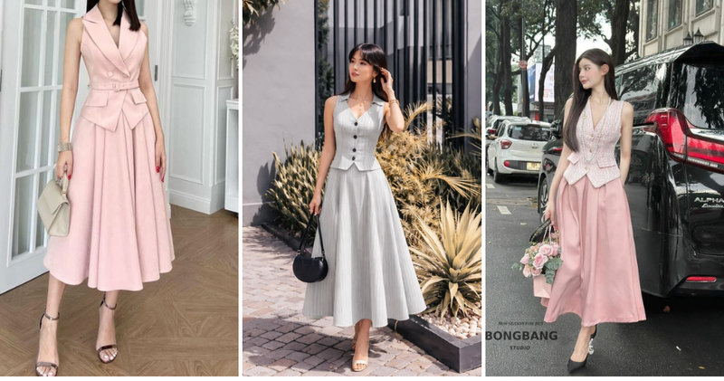Áo vest gile nữ phối chân váy xòe bồng bềnh chuẩn tiểu thư.