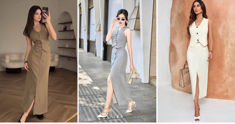 Áo vest gile nữ phối cùng chân váy xẻ tà quyến rũ, kiêu kỳ.