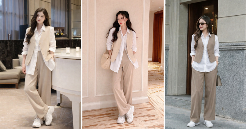 Cách phối đồ với áo vest gile nữ cùng quần culottes tạo nên một diện mạo hiện đại, mang hơi hướng "menswear" đầy lôi cuốn.