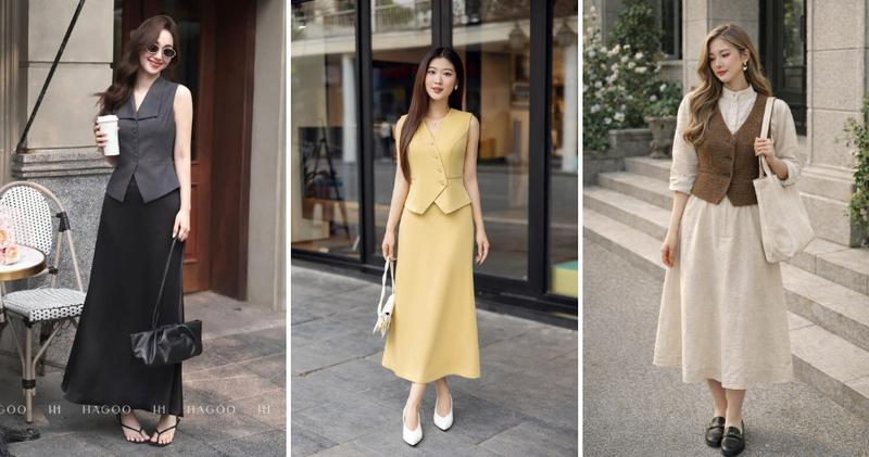 Chân váy midi che khuyết điểm chân cực tốt, phối cùng gile thắt eo nhẹ nhàng sẽ giúp tôn lên vòng 2 thon gọn.
