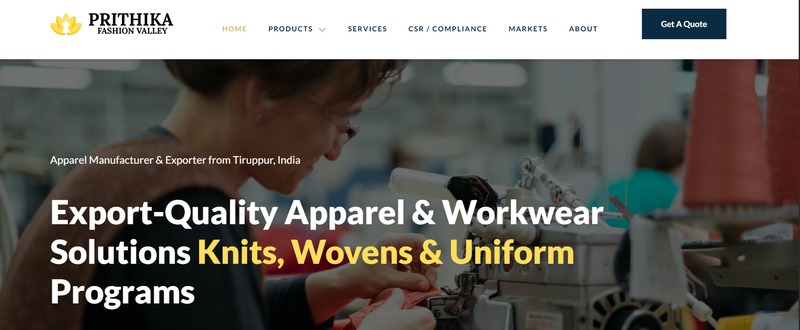 Founded in 2005 and headquartered in Tiruppur, India, Prithika Fashion Valley is a private label apparel manufacturer and exporter serving fashion brands, retailers, and corporate buyers worldwide