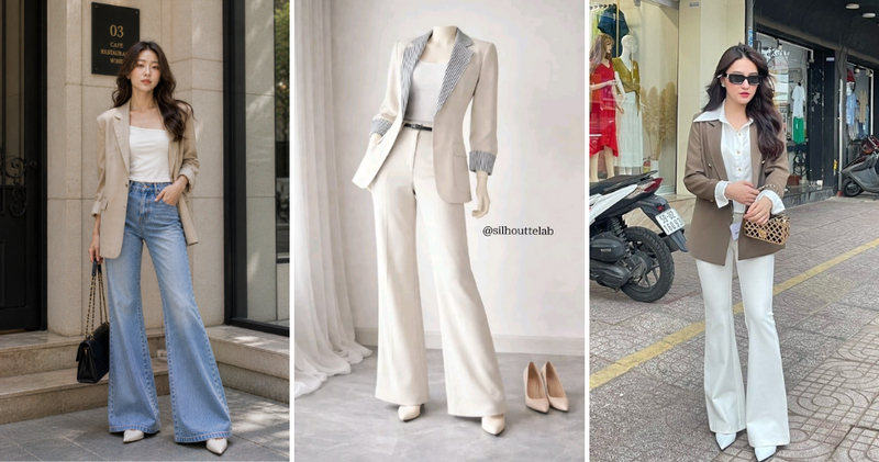 Kết hợp áo vest dáng dài và quần ống loe giúp cân bằng tỉ lệ cơ thể, tạo đường cong hông quyến rũ.