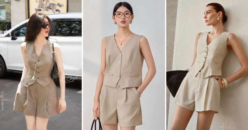 Một set gile + quần short ton-sur-ton (đồng màu) bằng chất liệu linen hay kaki sẽ mang đến sự trẻ trung, phóng khoáng.