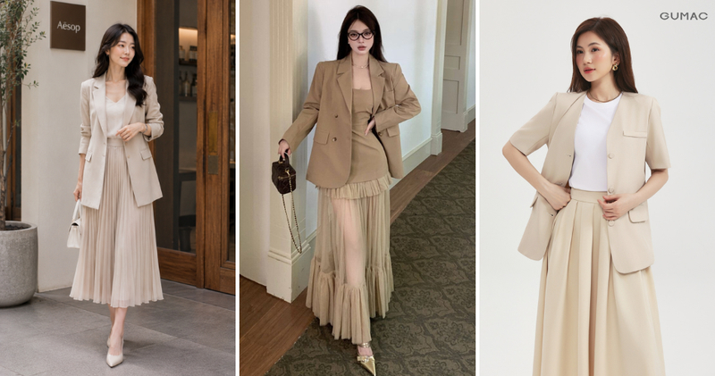 Phối áo vest dáng dài cùng chân váy xếp ly dáng midi mang đậm hơi thở vintage nhưng vẫn vô cùng thời thượng.