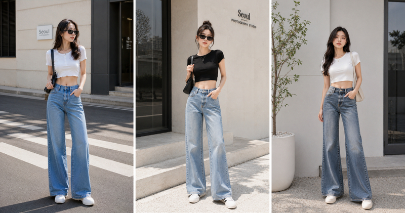 Quần jean ống suông mặc với áo croptop tôn lên vòng eo con kiến và vẻ ngoài sành điệu.