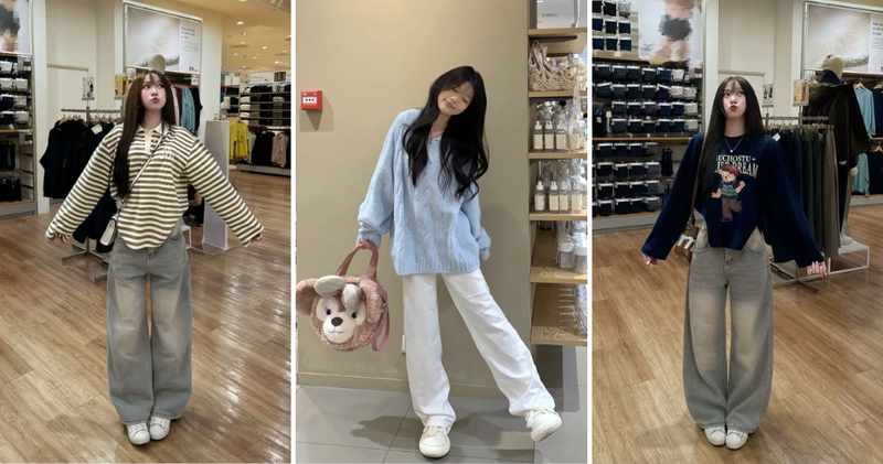 Quần jeans ống suông phối cùng áo len nhẹ ngọt ngào.