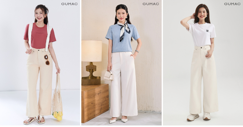Quần kaki ống suông phối cùng áo thun basic.