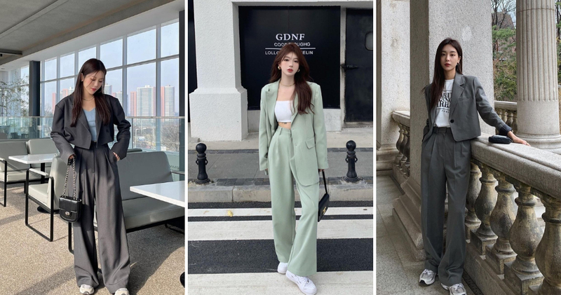 Quần ống suông kết hợp với blazer tạo nên tổng thể mang hơi hướng menswear quyền lực, che mọi khuyết điểm phần hông, mang lại sự tự tin tuyệt đối.