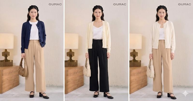 Quần ống suông phối cùng áo len cardigan lãng mạn.