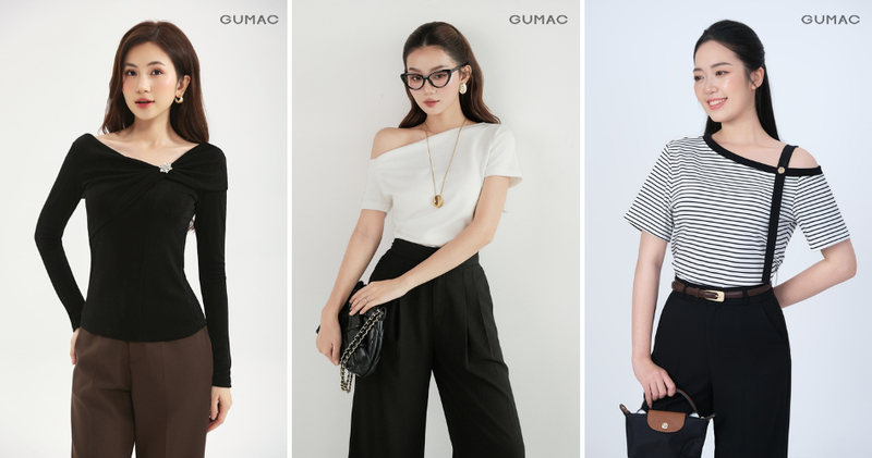Set đồ ngọt ngào, nữ tính với áo trễ vai hoặc lệch vai phối quần ống suông.