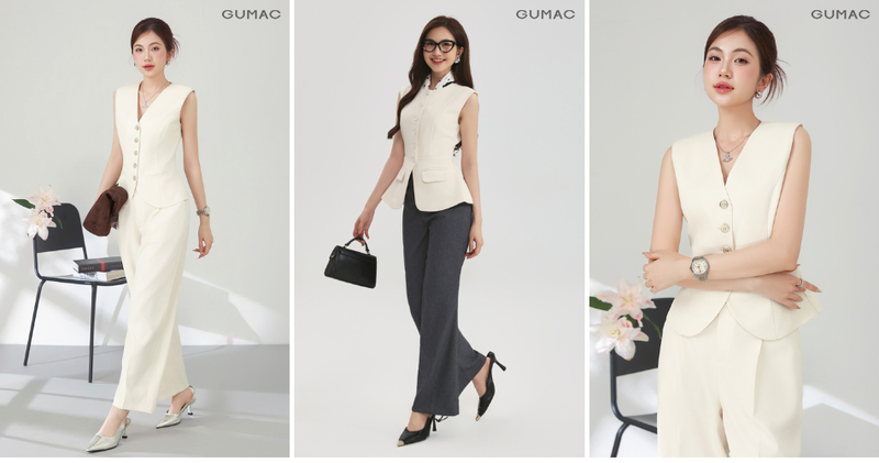 Set đồ vest gile nữ phối với áo sơ mi và quần tây chuyên nghiệp, thanh lịch.
