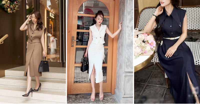 Sự kết hợp giữa áo vest gile nữ và chân váy xẻ tà là nét chấm phá hoàn hảo cho những cô nàng theo đuổi phong cách quyến rũ nhưng vẫn đầy thanh lịch.