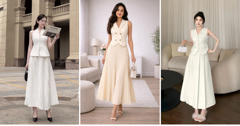 Sự kết hợp giữa nét thanh lịch của gile và độ bồng bềnh của chân váy xòe tạo nên một outfit "tiểu thư" đích thực.