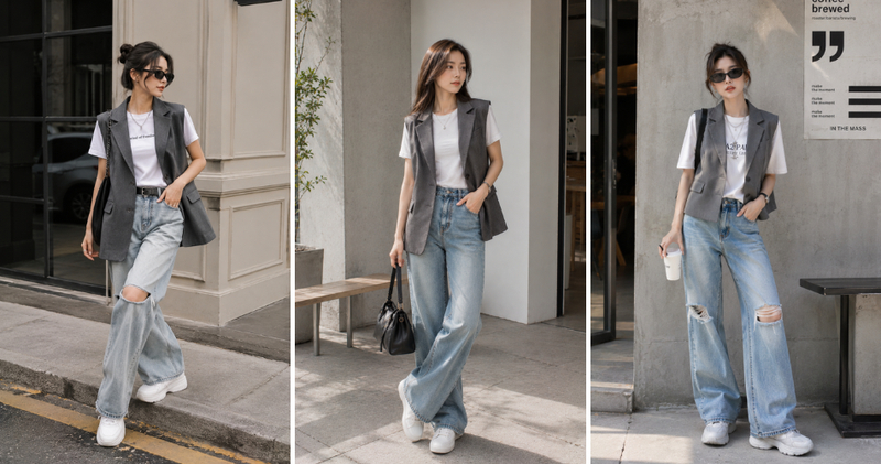 Sự nghiêm túc của vest gile khi được đặt cạnh sự bụi bặm, năng động của áo thun và quần jeans sẽ tạo ra một hiệu ứng thị giác cực kỳ thú vị.